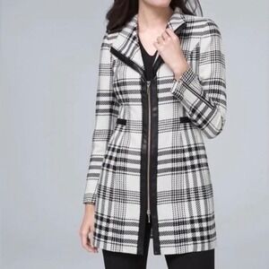 WHITE HOUSE BLACK MARKET Long Black & White Plaid Coat Faux Leather Trim | M